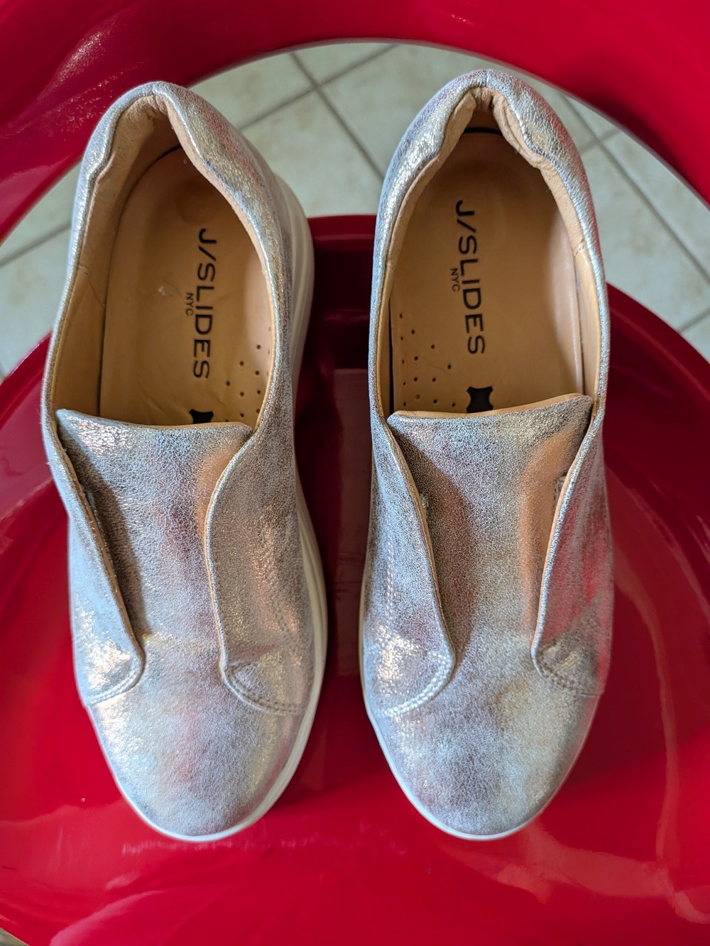 J/Slides Metallic Gold Slip-On Sneakers, Size 7